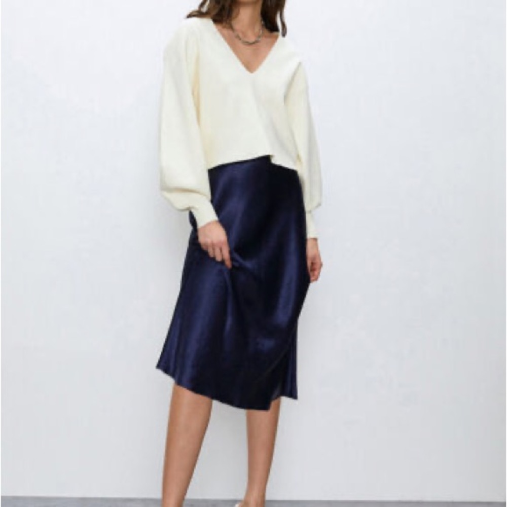 Aritzia Babaton Satin Slip Midi Skirt Navy Blue 12